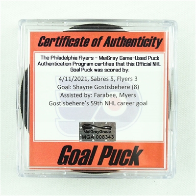 Shayne Gostisbehere - Philadelphia Flyers - Goal Puck - April 11, 2021 vs. Buffalo Sabres (Flyers Logo)