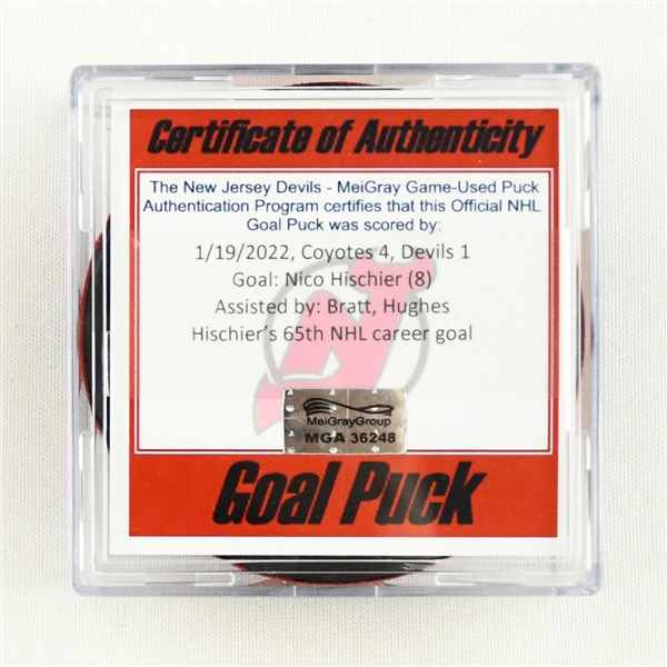 Nico Hischier - New Jersey Devils - Goal Puck - January 19, 2022 vs. Arizona Coyotes (Devils Logo) 