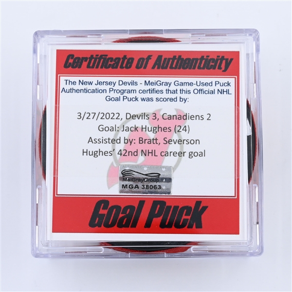Jack Hughes - New Jersey Devils - Goal Puck - March 27, 2022 vs Montreal Canadiens (New Jersey Devils logo)