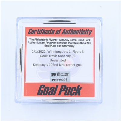 Travis Konecny - Philadelphia Flyers - Goal Puck - February 1, 2022 vs. Winnipeg Jets (Flyers Logo)