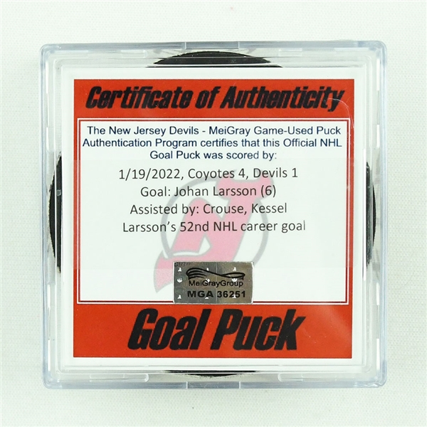 Johan Larsson - Arizona Coyotes - Goal Puck - January 19, 2022 vs. New Jersey Devils (Devils Logo)
