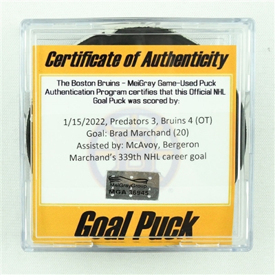 Brad Marchand - Boston Bruins - Goal Puck - January 15, 2022 vs. Nashville Predators (Bruins Logo)