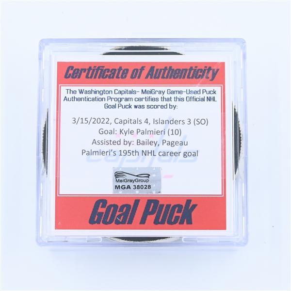 Kyle Palmieri - New York Islanders - Goal Puck - March 15, 2022 vs. Washington Capitals (Capitals Logo) 