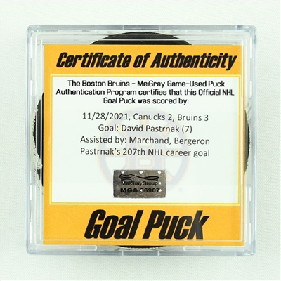 David Pastrnak - Boston Bruins - Goal Puck - November 28, 2021 vs. Vancouver Canucks (Bruins Logo)