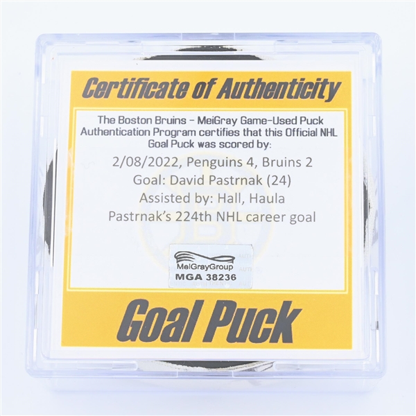 David Pastrnak - Boston Bruins - Goal Puck - February 8, 2022 vs Pittsburgh Penguins (Boston Bruins logo) - 2021-22 NHL Season
