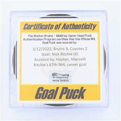 Nick Ritchie - Arizona Coyotes - Goal Puck - March 12, 2022 vs Boston Bruins (Boston Bruins logo) - 2021-22 NHL Season