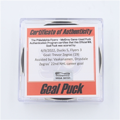 Trevor Zegras - Anaheim Ducks - Goal Puck - April 9, 2022 vs Philadelphia Flyers (Flyers logo)