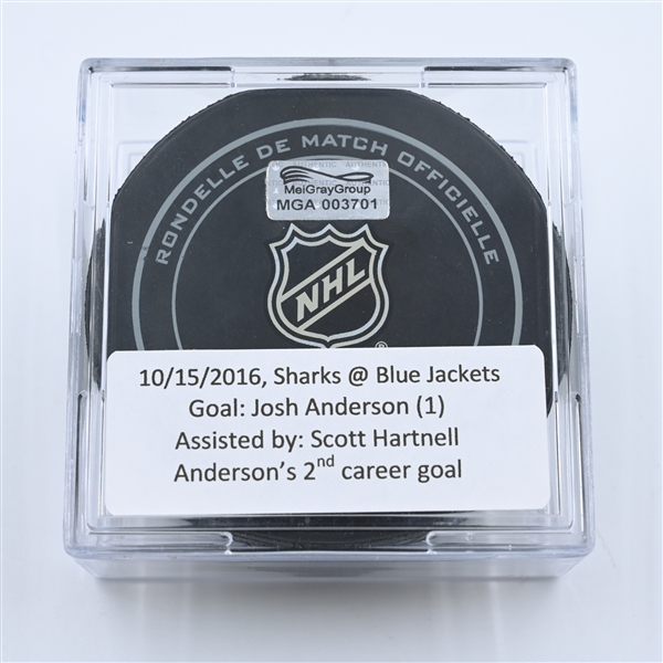 Josh Anderson - Columbus Blue Jackets - Goal Puck - October 15, 2016 vs. San Jose Sharks (Blue Jackets Logo) - 2016-17 NHL Season