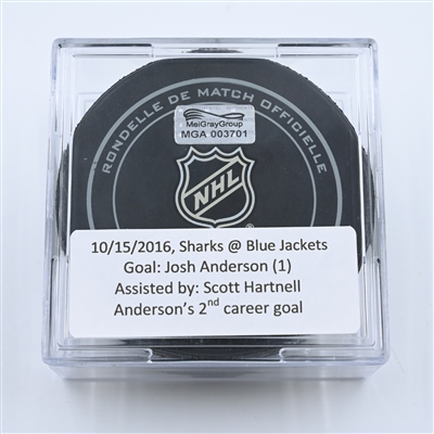 Josh Anderson - Columbus Blue Jackets - Goal Puck - October 15, 2016 vs. San Jose Sharks (Blue Jackets Logo) - 2016-17 NHL Season