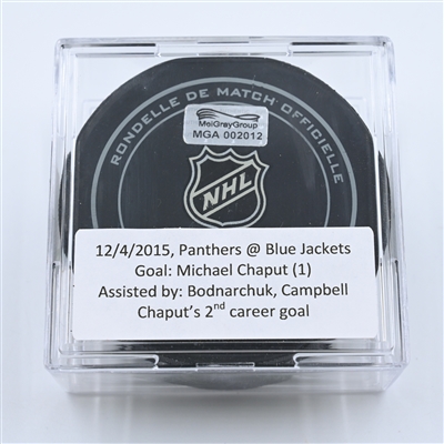 Michael Chaput - Columbus Blue Jackets - Goal Puck - December 4, 2015 vs. Florida Panthers (Blue Jackets Logo) - 2015-16 NHL Season