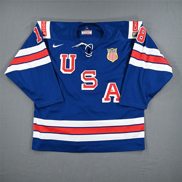 Logan Cooley - Blue Game-Worn Jersey - Team USA Hockey - 2022 IIHF World Junior Championship