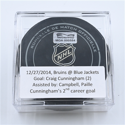 Craig Cunningham - Boston Bruins - Goal Puck - December 27, 2014 vs. Columbus Blue Jackets (Blue Jackets Logo) - 2014-15 NHL Season