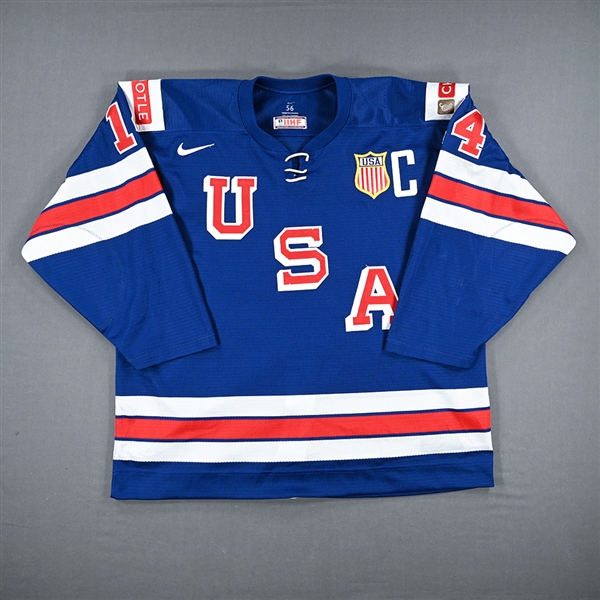 Brock Faber - Blue Game-Worn Jersey w/C  - Team USA Hockey - 2022 IIHF World Junior Championship