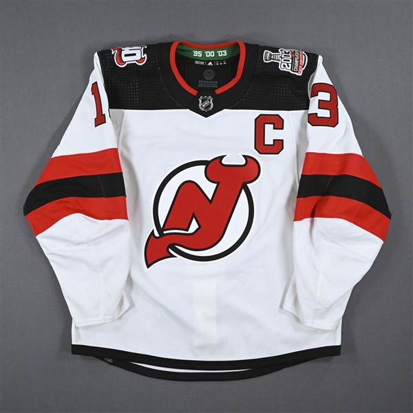Nico Hischier - Game-Worn White Jersey w/C, w/ 2003 Stanley Cup 20th Anniversary & 40th Anniversary Patches - Worn February 25, 2023