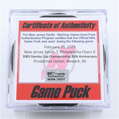 Game Puck February 25, 2023 vs. Philadelphia Flyers - 2003 Stanley Cup Championship 20th Anniversary - (Devils 40th Anniversary Logo)