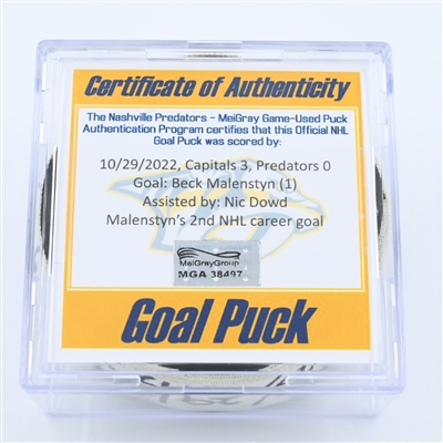 Beck Malenstyn - Washington Capitals - Goal Puck - October 29, 2022 vs. Nashville Predators (Predators Logo)  - 2022-23 NHL Season