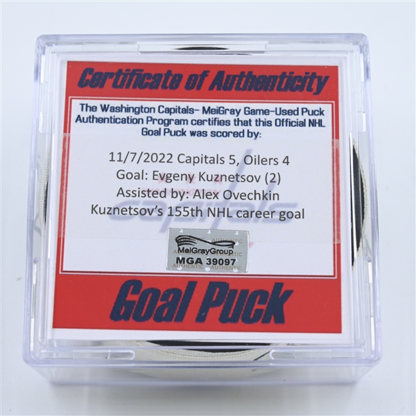 Evgeny Kuznetsov - Washington Capitals - Goal Puck - November 7, 2022 vs. Edmonton Oilers (Capitals Logo)  - 2022-23 NHL Season