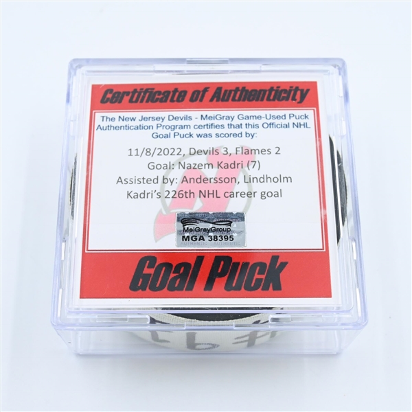 Nazem Kadri - Calgary Flames - Goal Puck - November 8, 2022 vs. New Jersey Devils (Devils 40th Anniversary Logo) 