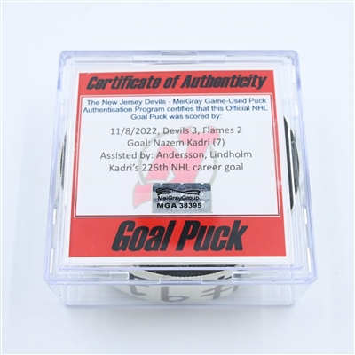 Nazem Kadri - Calgary Flames - Goal Puck - November 8, 2022 vs. New Jersey Devils (Devils 40th Anniversary Logo) 