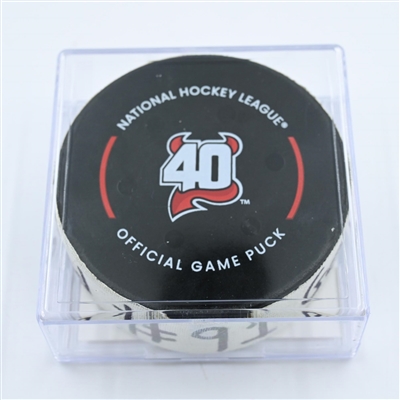 Nazem Kadri - Calgary Flames - Goal Puck - November 8, 2022 vs. New Jersey Devils (Devils' 40th Anniversary Logo) 