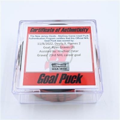Ryan Graves - New Jersey Devils - Goal Puck - November 8, 2022 vs. Calgary Flames (Devils 40th Anniversary Logo) 
