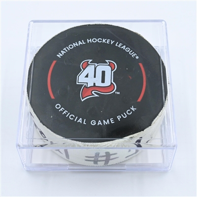 Tyler Toffoli - Calgary Flames - Goal Puck - November 8, 2022 vs. New Jersey Devils (Devils' 40th Anniversary Logo) 