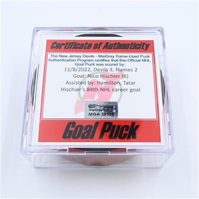 Nico Hischier - New Jersey Devils - Goal Puck - November 8, 2022 vs. Calgary Flames (Devils 40th Anniversary Logo) 