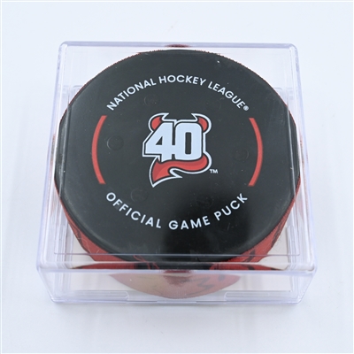 Nico Hischier - New Jersey Devils - Goal Puck - November 8, 2022 vs. Calgary Flames (Devils' 40th Anniversary Logo) 