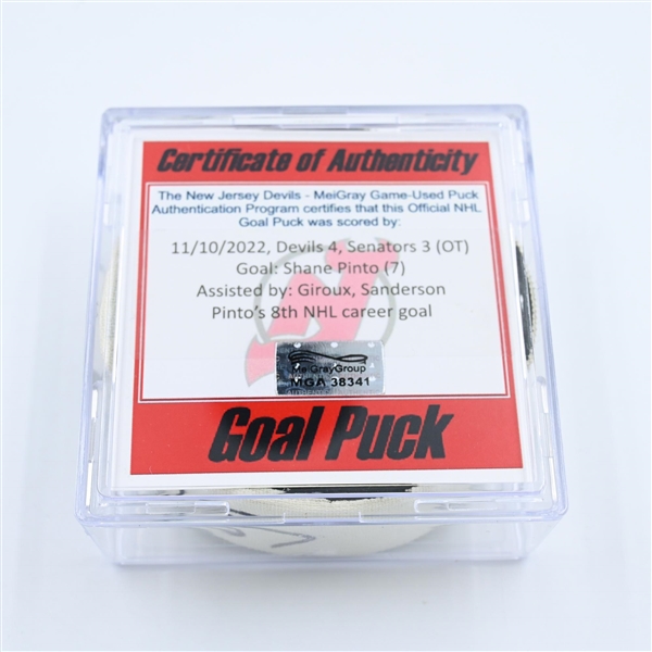 Shane Pinto - Ottawa Senators - Goal Puck - November 10, 2022 vs. New Jersey Devils (Devils 40th Anniversary Logo) 