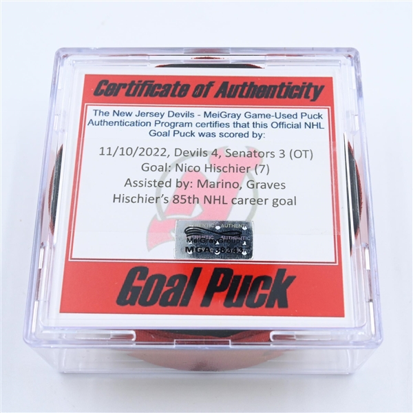 Nico Hischier - New Jersey Devils - Goal Puck - November 10, 2022 vs. Ottawa Senators (Devils 40th Anniversary Logo) 