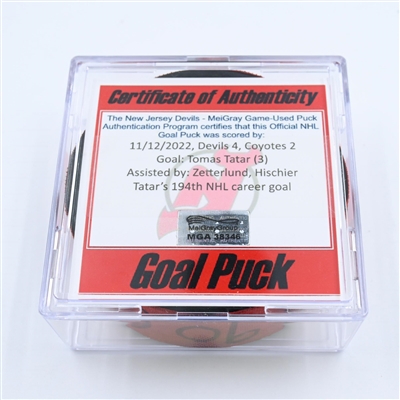 Tomas Tatar - New Jersey Devils - Goal Puck - November 12, 2022 vs. Arizona Coyotes (Devils 40th Anniversary Logo) 