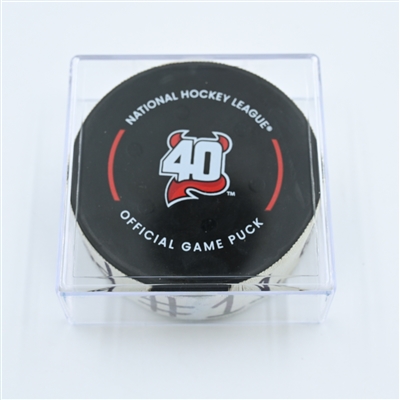 Dylan Guenther - Arizona Coyotes - Goal Puck - November 12, 2022 vs.New Jersey Devils (Devils' 40th Anniversary Logo) 