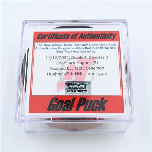 Jack Hughes - New Jersey Devils - Goal Puck - November 12, 2022 vs. Arizona Coyotes (Devils 40th Anniversary Logo) 