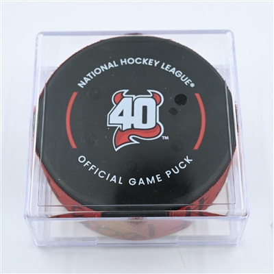 Jack Hughes - New Jersey Devils - Goal Puck - November 12, 2022 vs. Arizona Coyotes (Devils' 40th Anniversary Logo) 