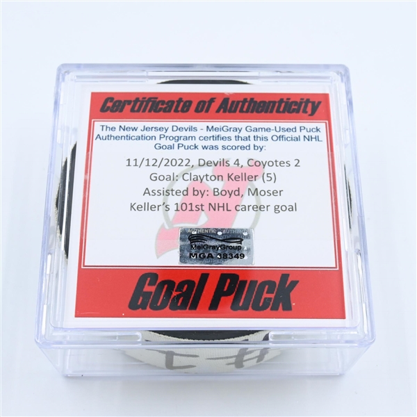 Clayton Keller - Arizona Coyotes - Goal Puck - November 12, 2022 vs.New Jersey Devils (Devils 40th Anniversary Logo) 