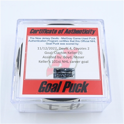 Clayton Keller - Arizona Coyotes - Goal Puck - November 12, 2022 vs.New Jersey Devils (Devils 40th Anniversary Logo) 