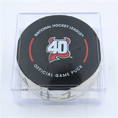 Clayton Keller - Arizona Coyotes - Goal Puck - November 12, 2022 vs.New Jersey Devils (Devils' 40th Anniversary Logo) 