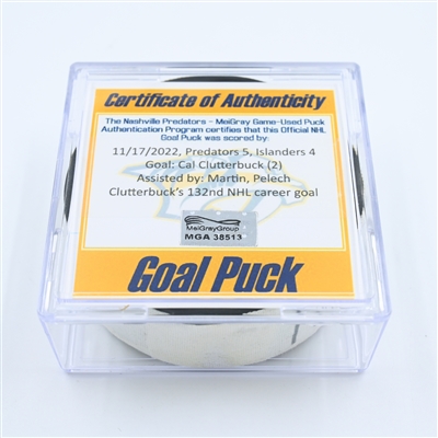 Cal Clutterbuck - New York Islanders - Goal Puck - November 17, 2022 vs. Nashville Predators (Predators Logo) 