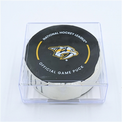Cal Clutterbuck - New York Islanders - Goal Puck - November 17, 2022 vs. Nashville Predators (Predators Logo) 