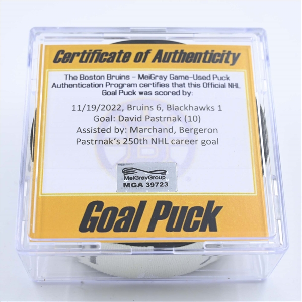 David Pastrnak - Boston Bruins - Goal Puck - November 19, 2022 vs. Chicago Blackhawks (Bruins Logo) 