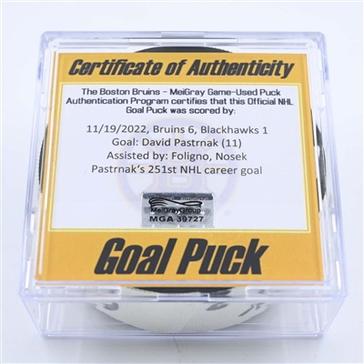 David Pastrnak - Boston Bruins - Goal Puck - November 19, 2022 vs. Chicago Blackhawks (Bruins Logo) 