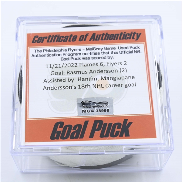 Rasmus Andersson - Calgary Flames - Goal Puck - November 21, 2022 vs. Philadelphia Flyers (Flyers Logo) 