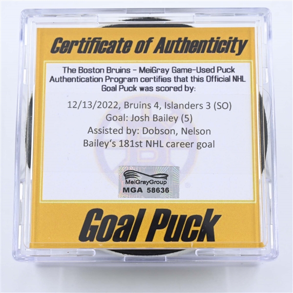 Josh Bailey - New York Islanders - Goal Puck - December 13, 2022 vs. Boston Bruins (Bruins Logo) 