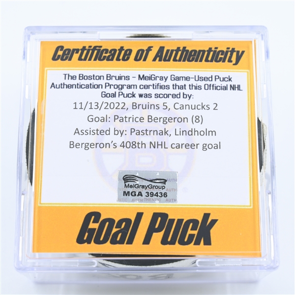 Patrice Bergeron - Boston Bruins - Goal Puck - November 13, 2022 vs. Vancouver Canucks (Bruins Logo) 