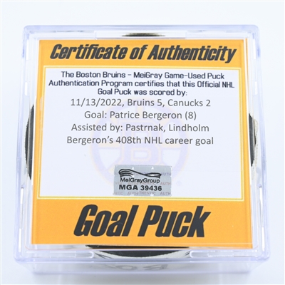Patrice Bergeron - Boston Bruins - Goal Puck - November 13, 2022 vs. Vancouver Canucks (Bruins Logo) 
