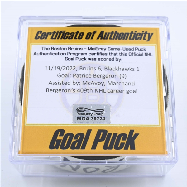 Patrice Bergeron - Boston Bruins - Goal Puck - November 19, 2022 vs. Chicago Blackhawks (Bruins Logo) 