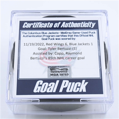 Tyler Bertuzzi - Detroit Red Wings - Goal Puck - November 19, 2022 vs. Columbus Blue Jackets  (Blue Jackets Logo) 