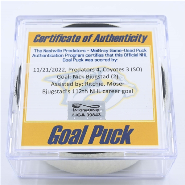 Nick Bjugstad - Arizona Coyotes - Goal Puck - November 21, 2022 vs. Nashville Predators (Predators Logo) 