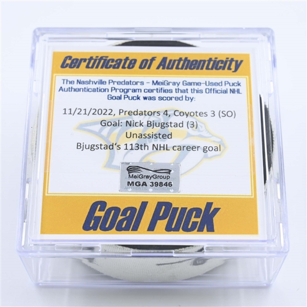 Nick Bjugstad - Arizona Coyotes - Goal Puck - November 21, 2022 vs. Nashville Predators (Predators Logo) 