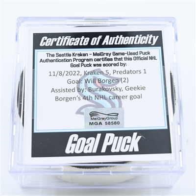 Will Borgen - Seattle Kraken - Goal Puck - November 8, 2022 vs. Nashville Predators (Kraken Logo) 